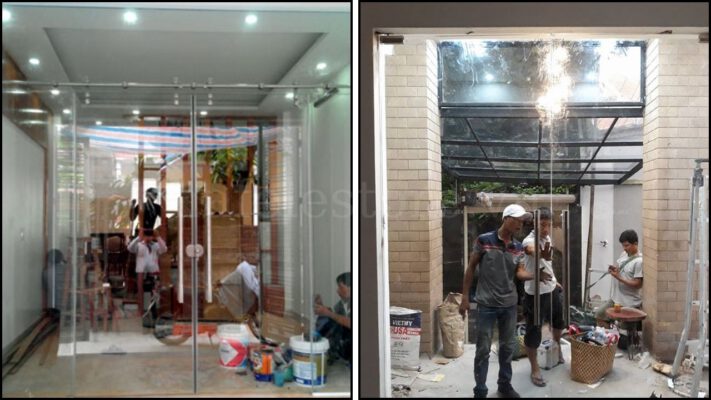 Dựng cánh cửa kính lên bản lề sàn