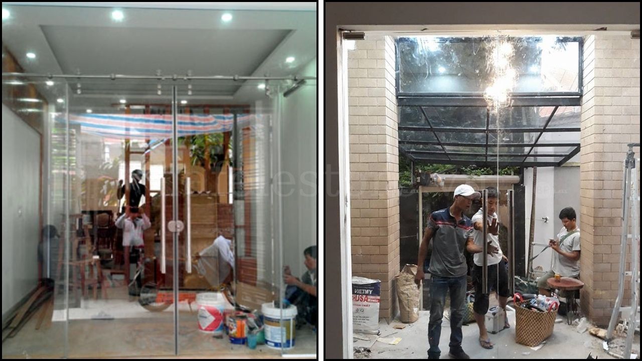 Dựng cánh cửa kính lên bản lề sàn