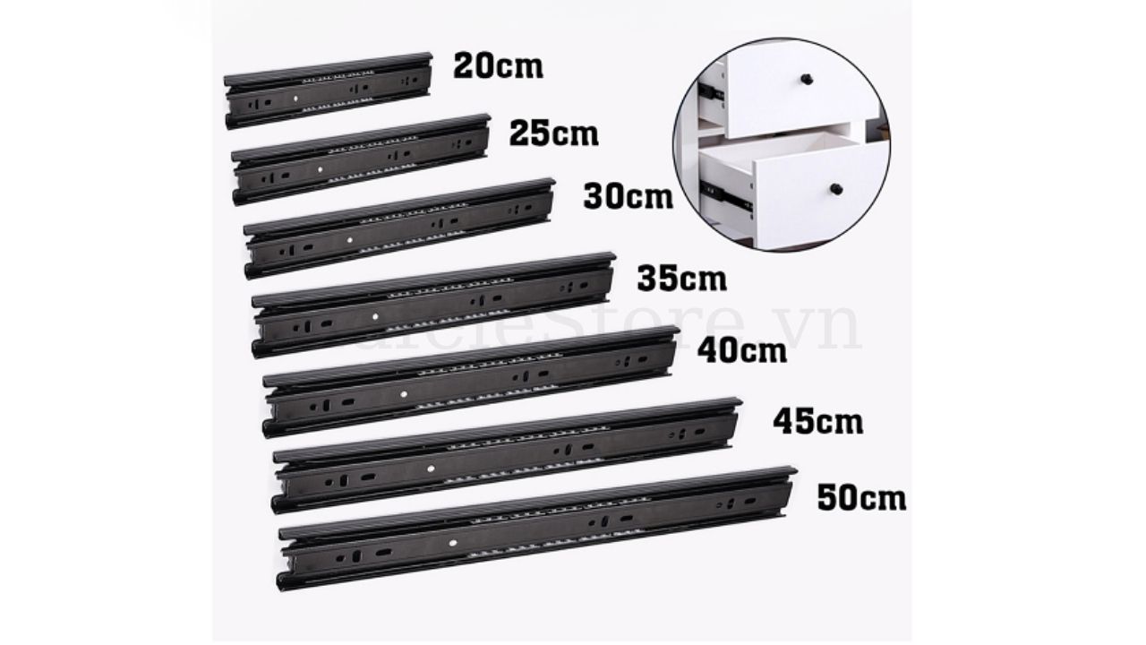 Các kích thước phổ biến của ray ngăn kéo Hafele