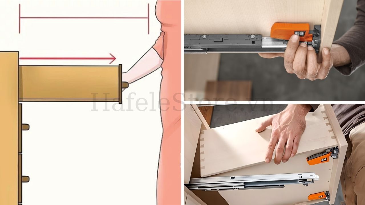 Cách tháo ngăn kéo sử dụng ray âm giảm chấn