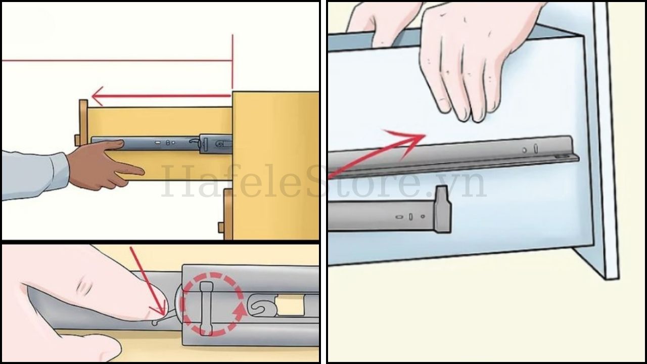 Cách tháo ngăn kéo sử dụng ray trượt bi