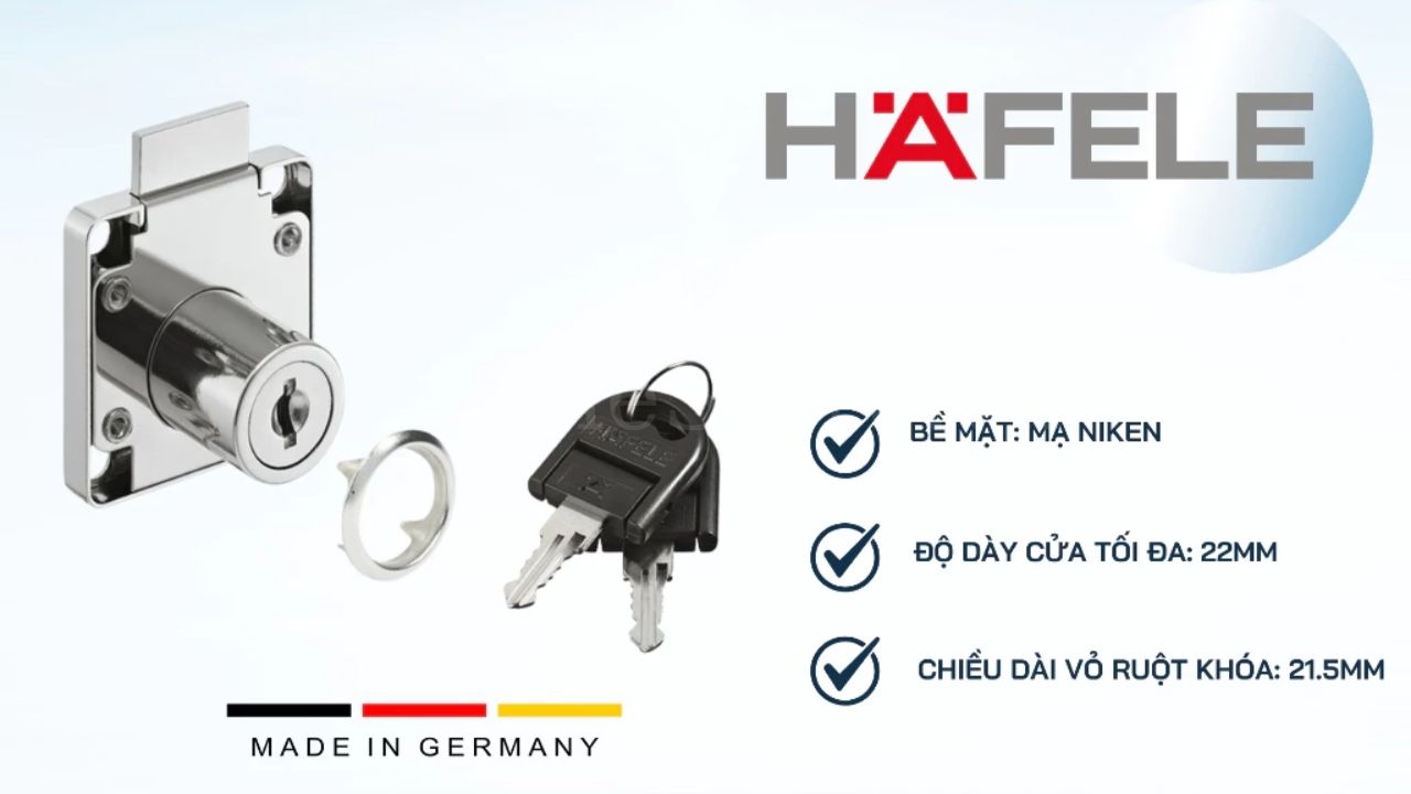 Khoá tủ Hafele có bề mặt được mạ Niken