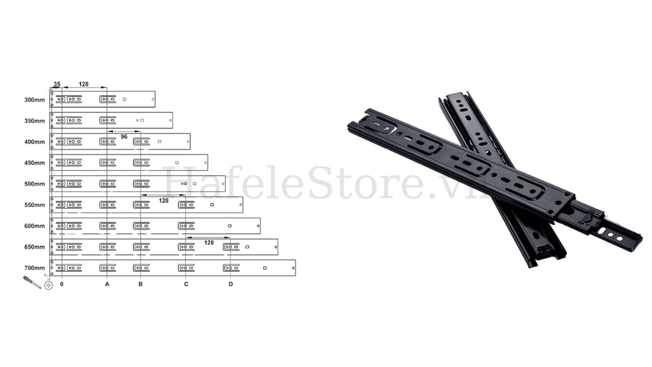 Thông số kích thước của ray trượt bi Hafele